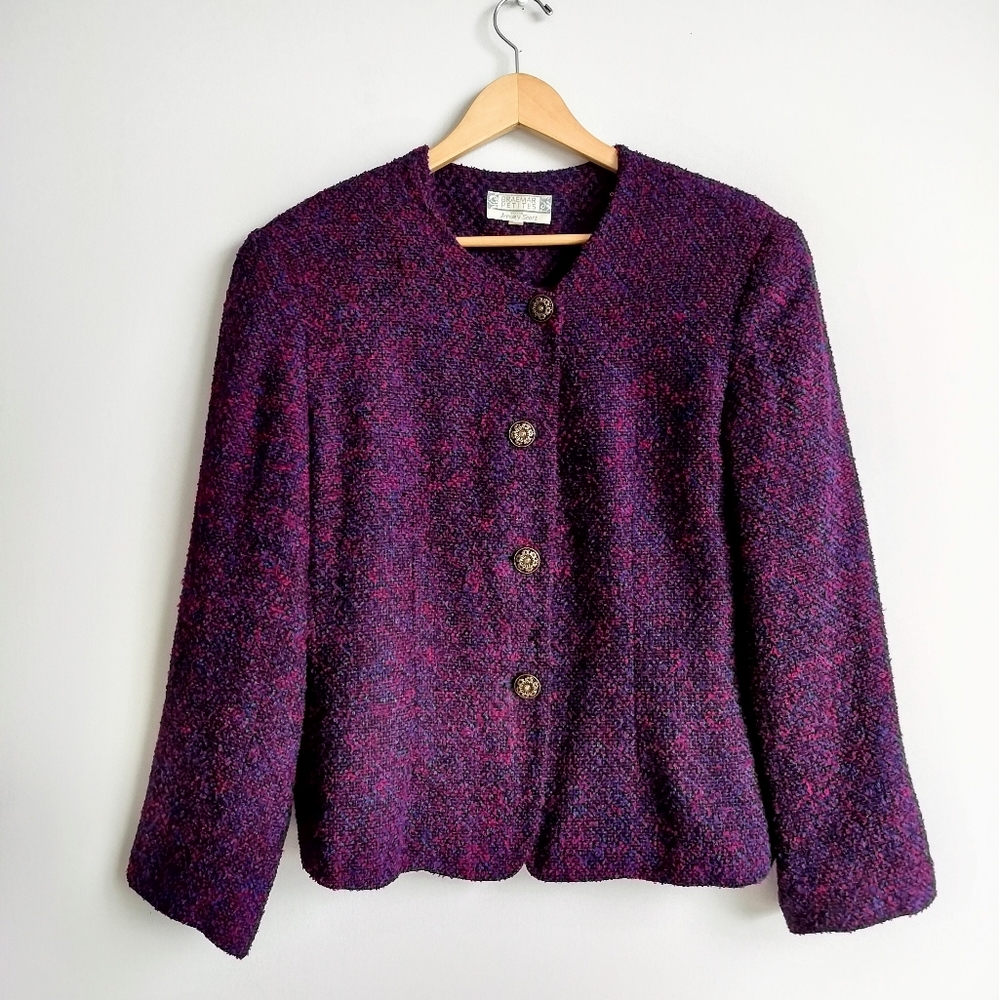 90s Vintage Jeremy Scott Wool Blend Violet Textured Cardigan w/ Gold Buttons 14